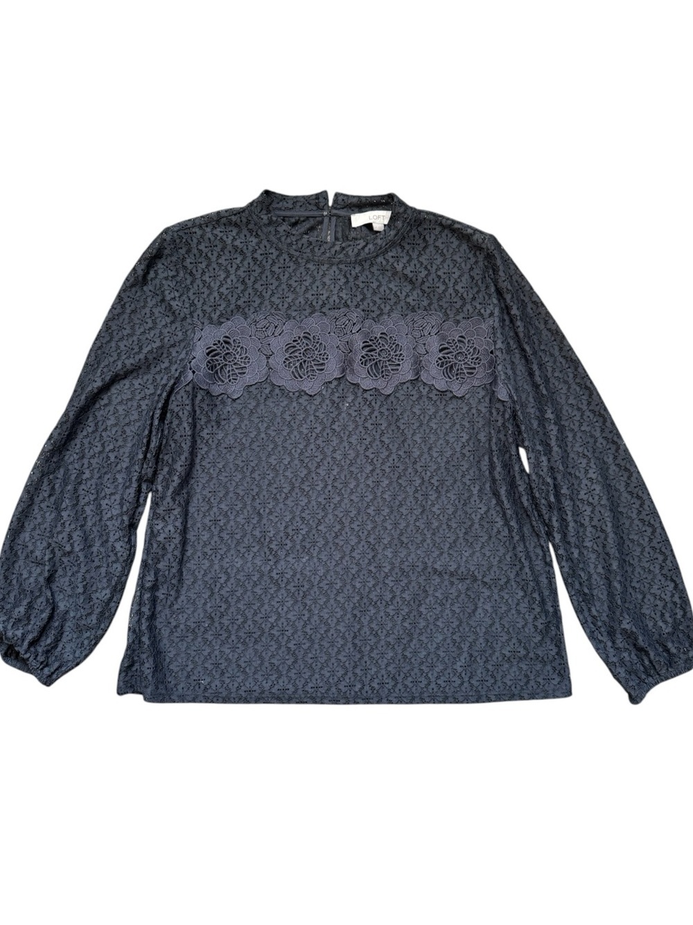 LOFT Navy Blue Lace Floral Appliqué Long Sleeve Blouse Size L Petite